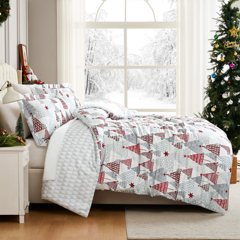 Merry and Bright Oversized Reversible Holiday Bedding Duvet Cover Set with shams, King Duvet Cover + 2 King Pillow Shams