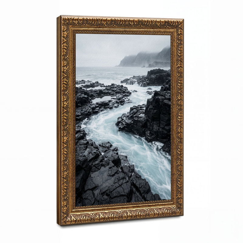 Art mural sur toile, côte rocheuse foncée et vagues océaniques, H 24 po x l 16 po