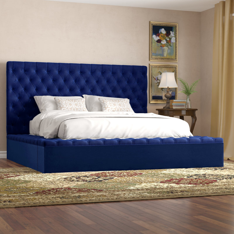 Lit plateforme tapissier avec rangement Johnnay, Grand, Velours marine