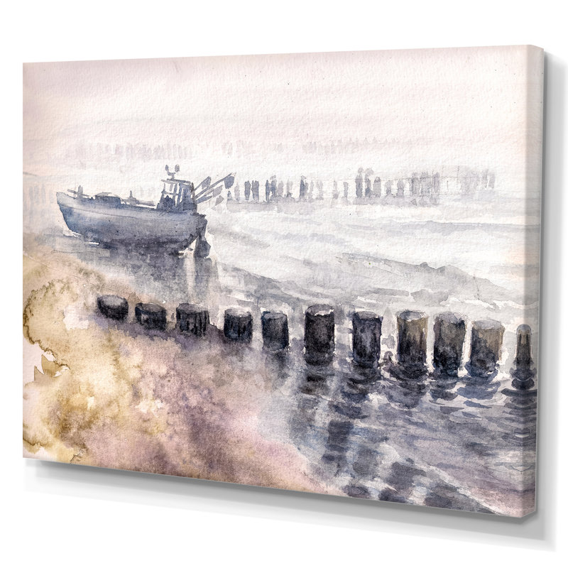 Bateau de pêche dans le port - Peinture sur toile, H 24 po x l 32 po, Toile tendue