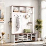 Farmhouse 4-in-1 Hall Tree With 6 Hooks, Entryway Bench With Adjustable Shelves, 16 Open Compartments And A Side Umbrella Rack