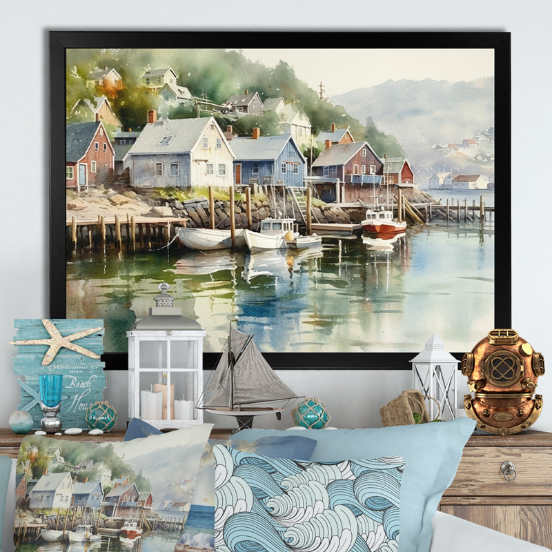 Petite ville portuaire de Norvège II - impression, Cadre photo noir, H 16 po x l 32 po x P 1 po