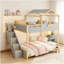 Lit superposé double au dessus d'un lit double avec escalier et lumières à DEL 3 couleurs, gris-603888494-603888492