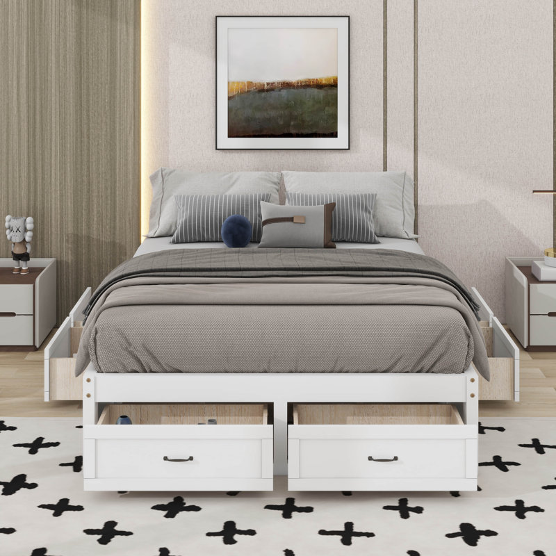 Grand lit plateforme avec 6 tiroirs, Blanc antique