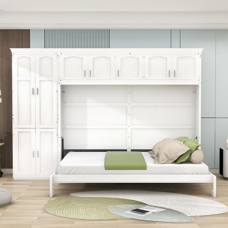 Grand lit escamotable à cadre en bois avec rangement, Blanc