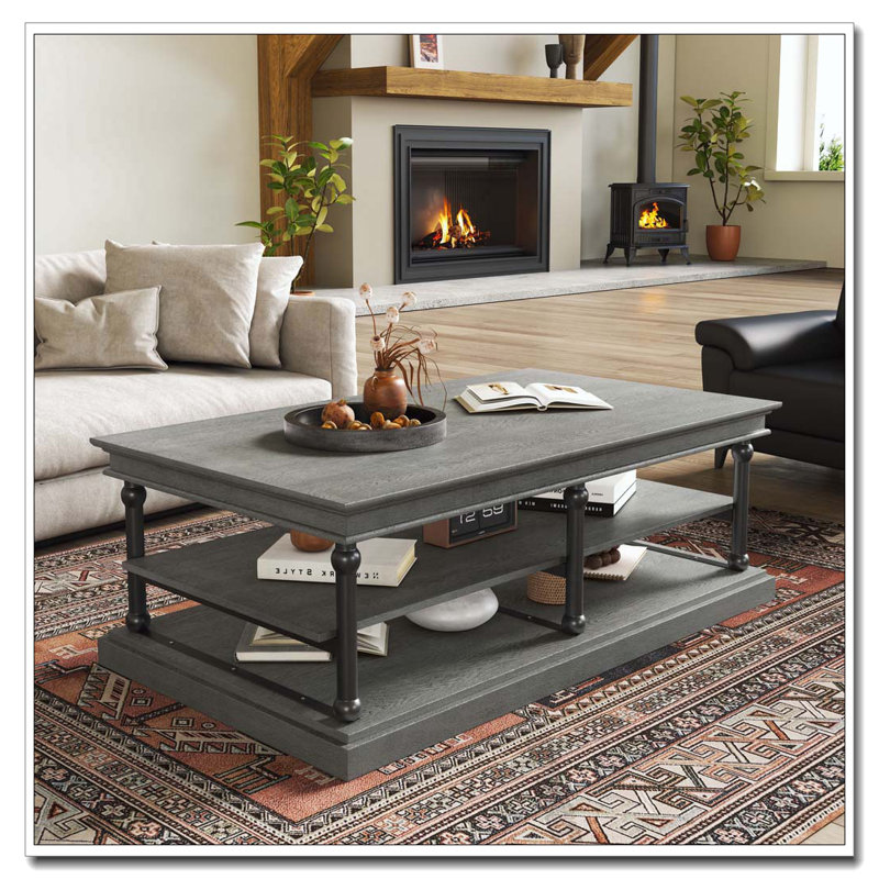 Table basse en bois 55,1 "avec pieds noirs, 2 tablettes de rangement ouvertes, Gris, Gris noir