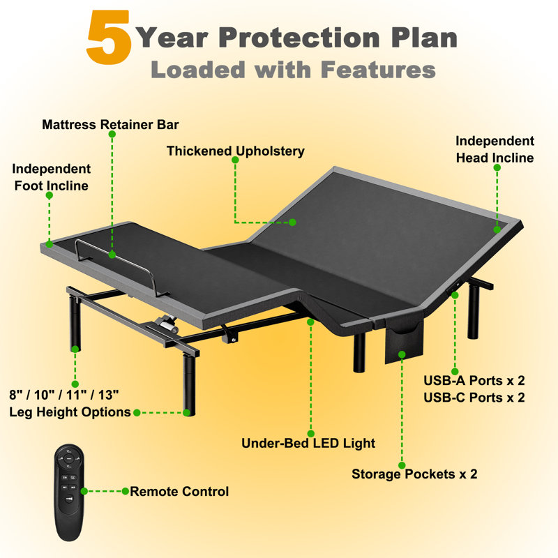 Adjustable Bed Frame with Wireless Remote, Zero Gravity Adjustable Base, 4 USB Ports,Removable Side Pockets, Under Bed Lighting and Adjustable Legs