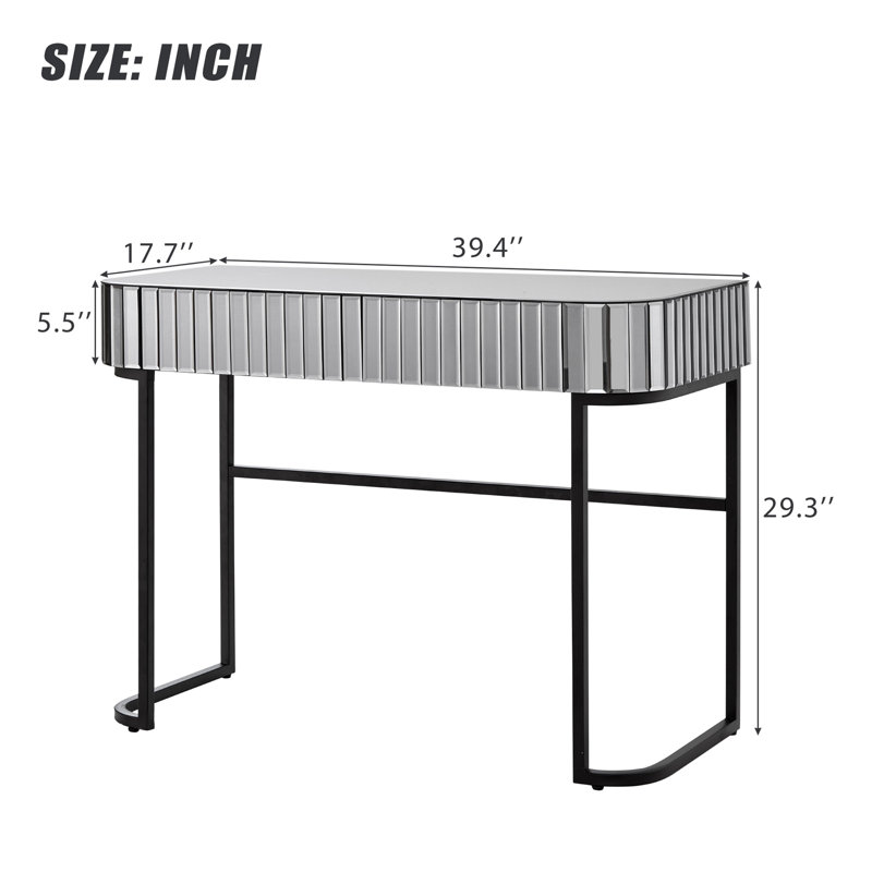 39" Mirrored Makeup Vanity Table with Stainless Steel Base, Mirrored Console Dressing Table with 2 Drawers,Versatile Desk for Bedroom and Office, Grey
