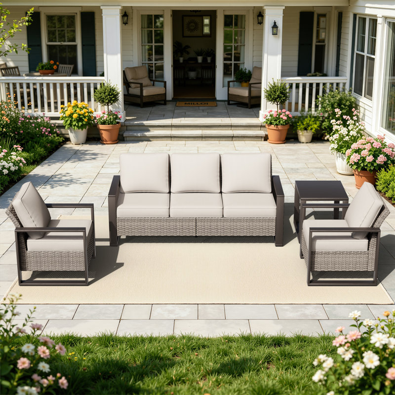 Contemporary Outdoor Wicker Sofa Set, 5‑Piece Patio Furniture With Sturdy Metal Frame & Side Table, Beige