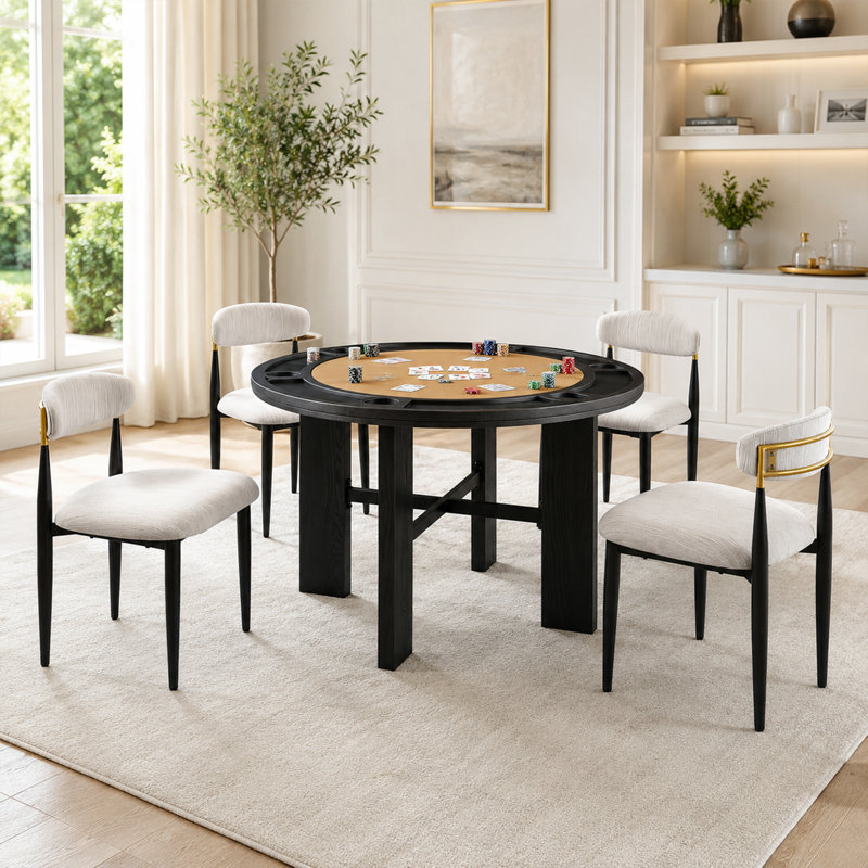 Ensemble de table de salle à manger 5 pièces, table de jeu 48 po avec 4 chaises d'appoint rembourrées, table de poker multifonctionnelle contemporaine avec 6 porte-gobelets