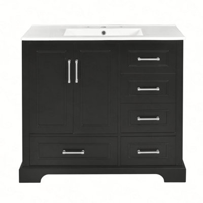 Meuble-lavabo traditionnel 36 po avec lavabo en céramique, armoire de salle de bain noire avec deux portes à fermeture douce et quatre tiroirs