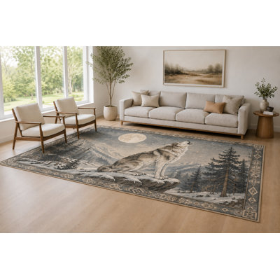 "Ultra Light Weight" Large 6'7" x 9'10"  Gray and Cream Moon Wolf Accent Area Rug for Living Room, Soft Low Pile Carpet with Non-Slip Silicone Backing, Decor for Bedroom and Home Office