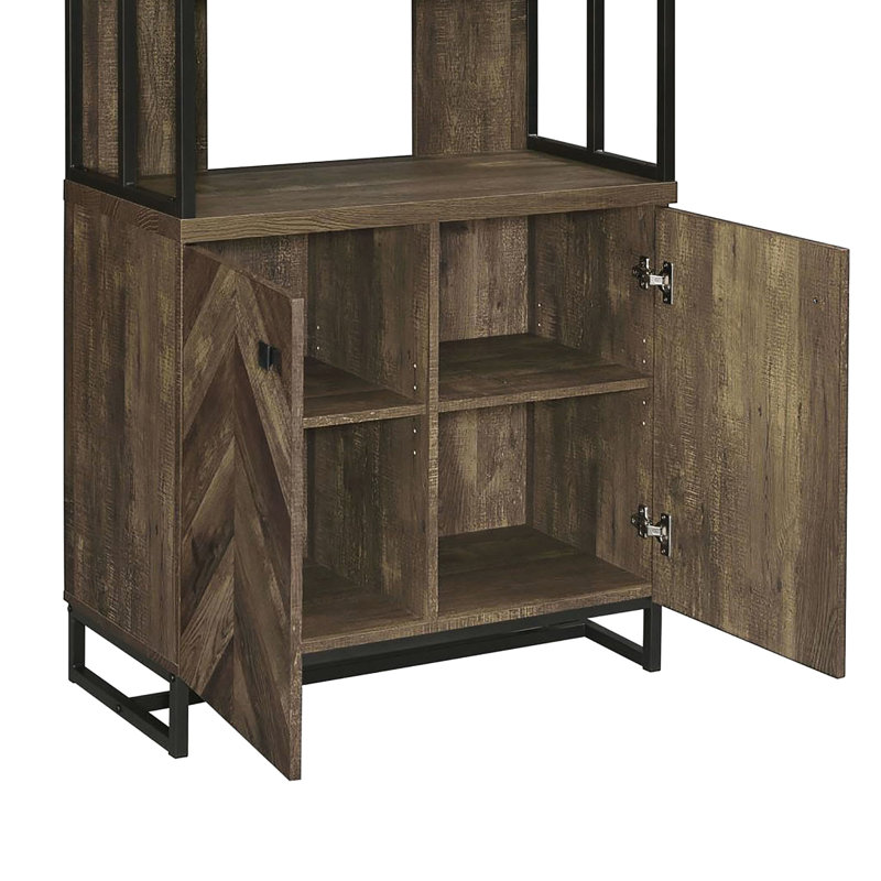 Bibliothèque rustique à chevrons au fini chêne, 3 tablettes ouvertes et armoire à 2 portes