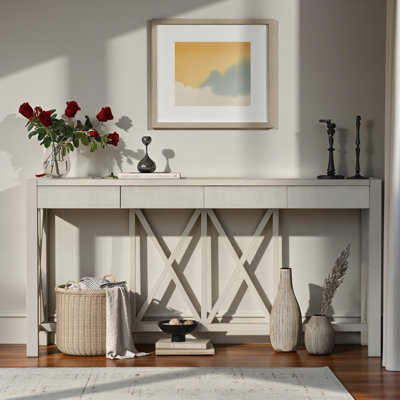 Console en placage de 60 po avec 4 tiroirs spacieux, placard de style moderne Crisscross avec rangement ouvert au bas, table de canapé de style campagnard pour le salon, la cuisine, la salle à manger et le couloir