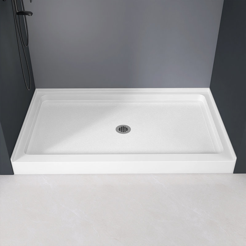 60" Single Threshold Shower Pan Base In White With Drain Assembly, Center