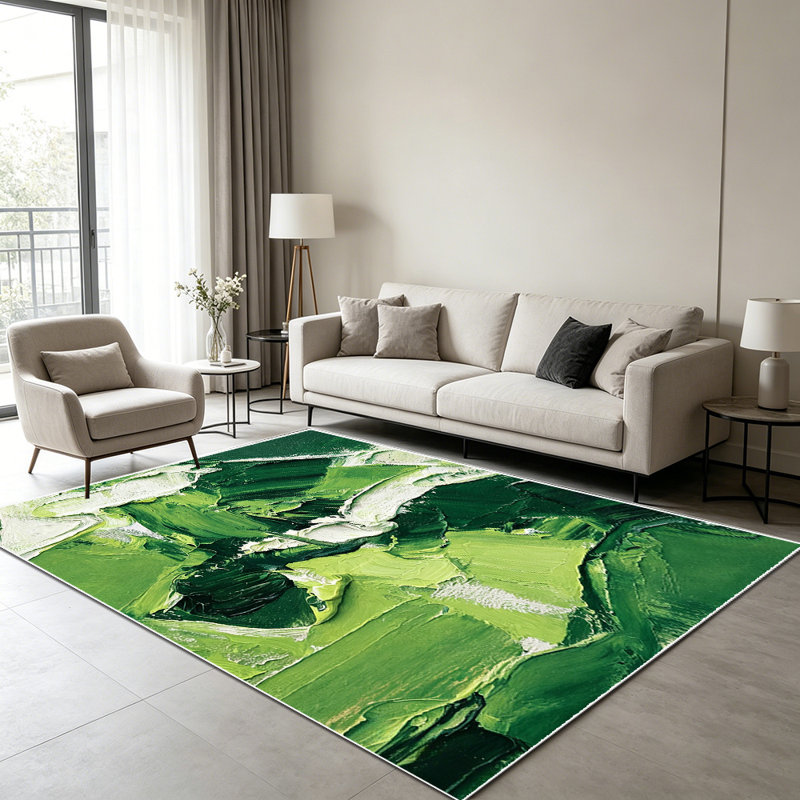 1PC Abstract Thick Green White Oil Painting Impasto Texture area rugs for Living Room, Soft and Comfortable, Suitable for all seasons, easy-to-maintain, machine washable Indoor floor mat, Under Table Farmhouse suitable for dining room, bedroom,