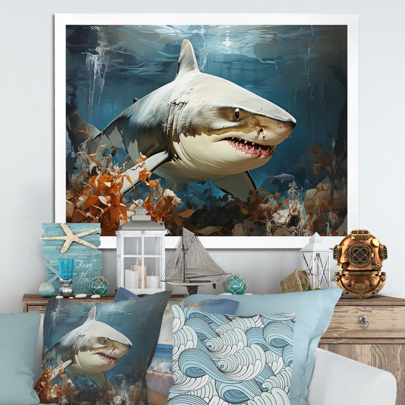 " Minimalism Shark Hunting ", 12" H x 20" W x 1" D, White Picture Framed