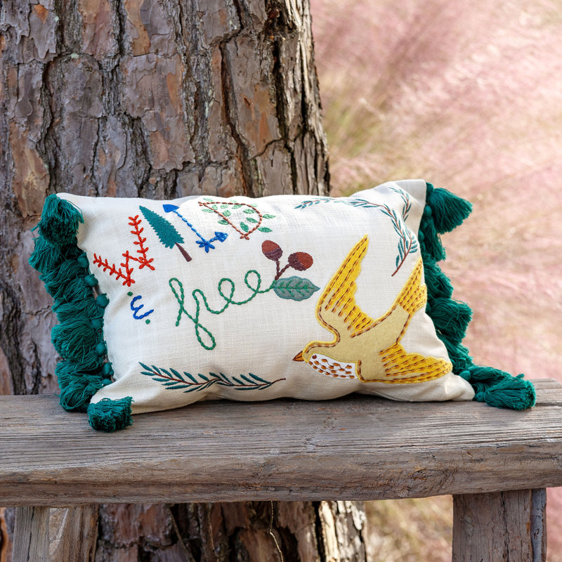 Free Bird Embroidered Cotton Pillow with Green Tassels