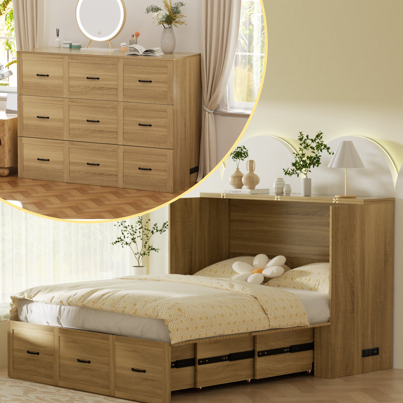 Full Size Storage Murphy Bed With Large Storage Drawer Home Office Or Small Room, And Built-In Charger, Farmhouse Murphy Bed