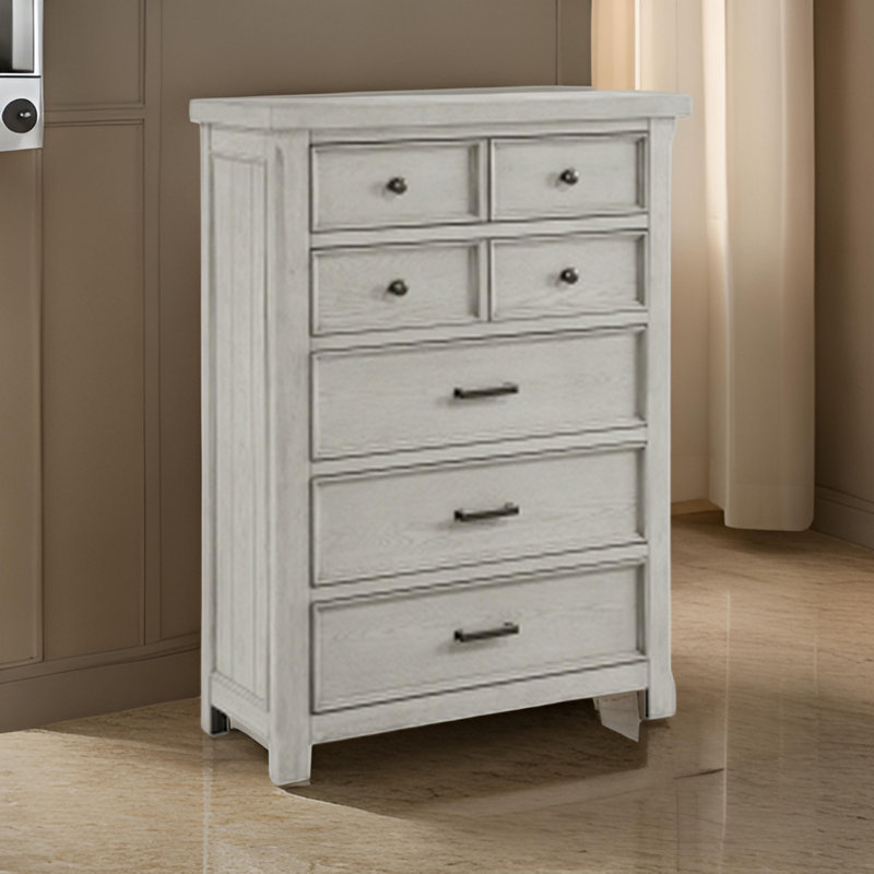Commode haute 57 po à 7 tiroirs Myna, placage de chêne blanc rustique