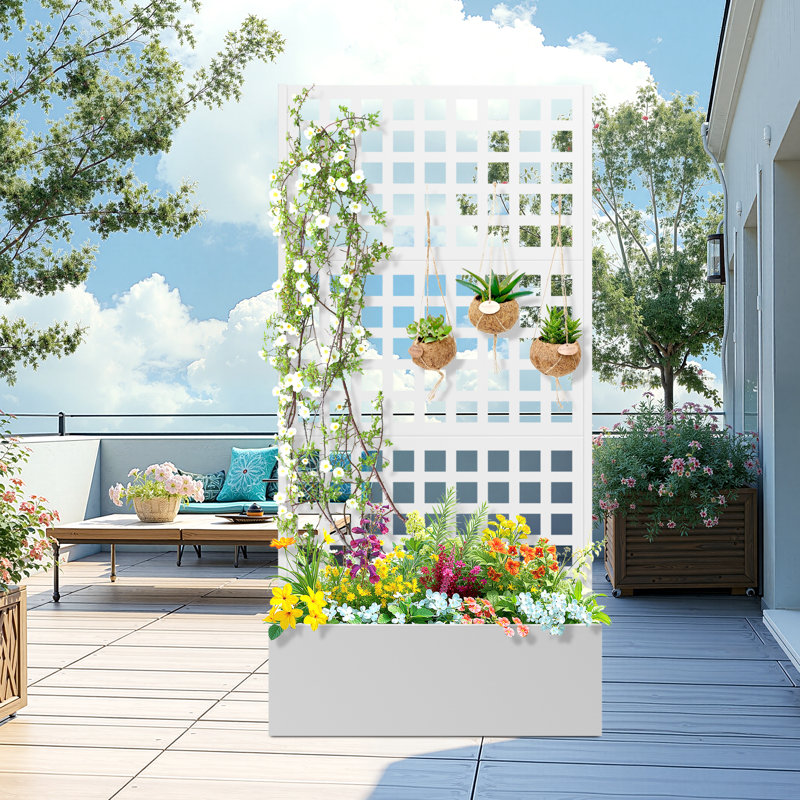 Metal Planter Box with Trellis Planter Trellis for Climbing Plants Vegetable Vines, White, 71'' H X 35'' W X 16'' D
