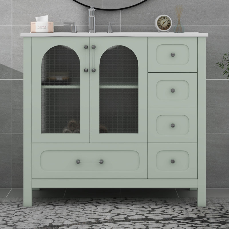 36" Bathroom Vanity With Sink: Modern Cabinet With Glass Doors & 4 Drawers