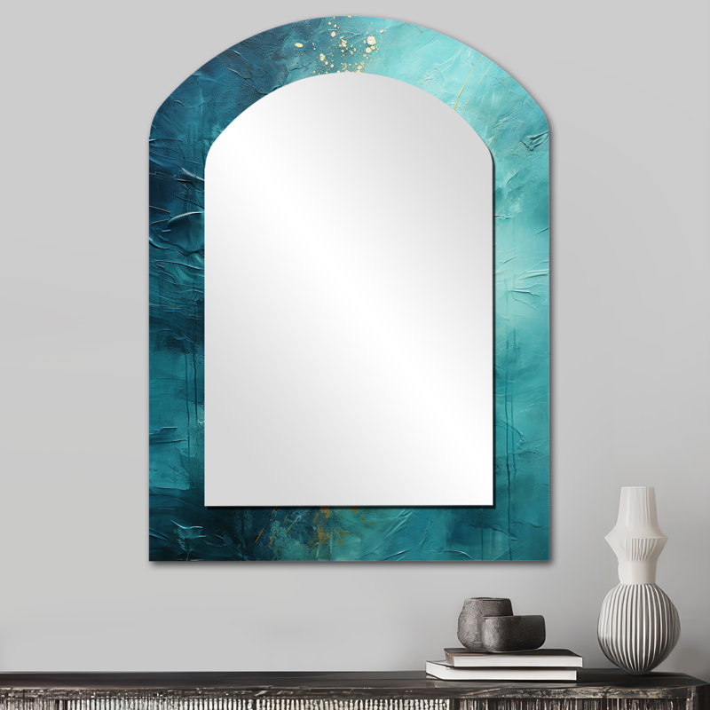 Turquoise Tranquillity I - paysage unique, miroir mural asymétrique moderne, impression sur métal, 34 po x 25 po