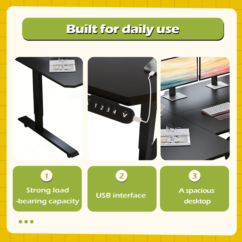 L-Shaped 59" Height Adjustable Electric Standing Desk, Black/Black