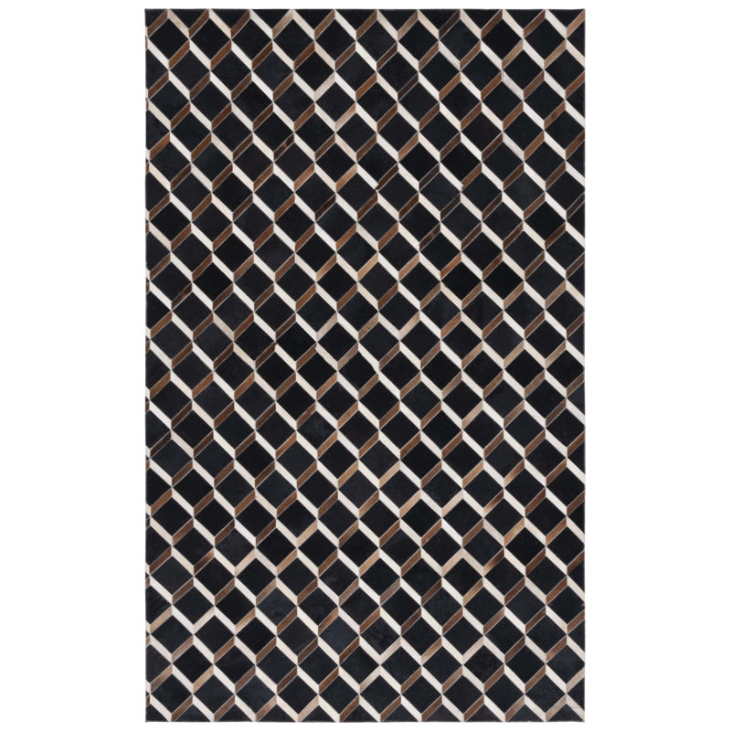 Tapis noir / brun en laine / cuir tissé à la main Studio, Rectangle 5 pi x 8 pi