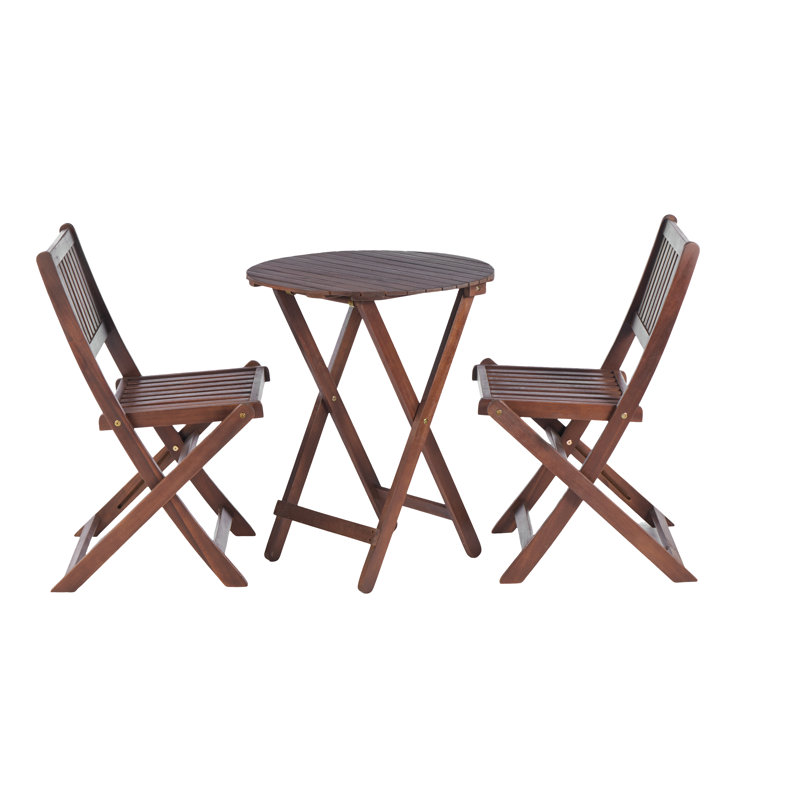 Ensemble bistro 3 pièces en bois d'acacia pour terrasse de jardin avec 1 table basse et 2 chaises pliantes teintées naturelles