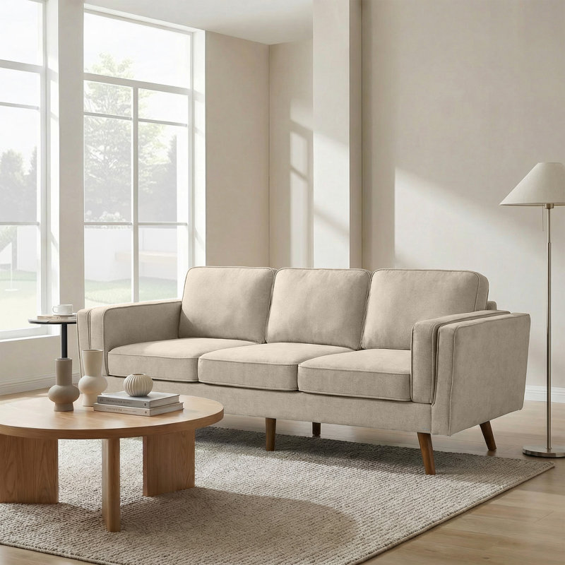 84'' Mid-Century Modern Upholstered Sofa, Solid Wood Frame & Legs, 3-Seat Couch for Living Room, Khaki Chenille
