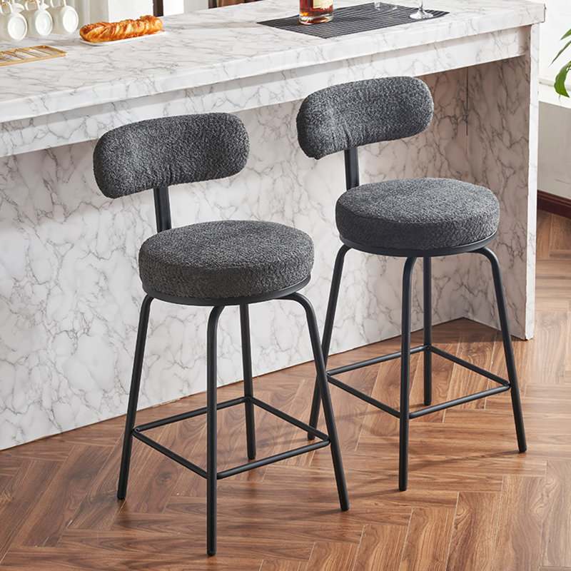 Tabourets de bar pivotants à 360 ° à hauteur de comptoir, bouclés gris foncé recouverts de pieds et de repose-pieds robustes en métal