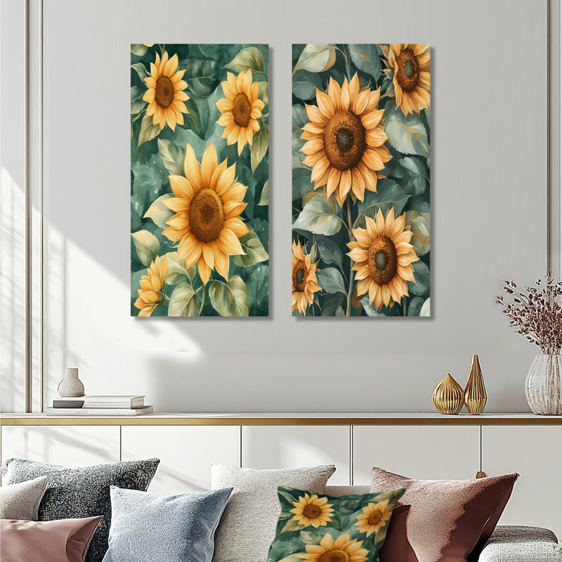 Collage de tournesols verts abstraits I - tournesol, ensemble de 2 décorations murales en métal, 40" H x 40" W