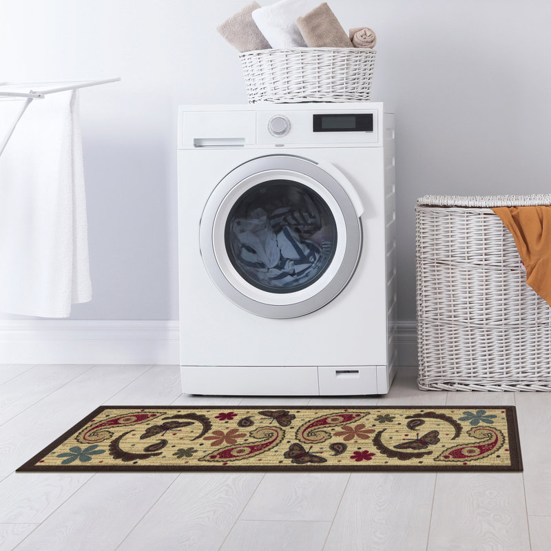 Beige and Red Paisley Non-Slip Kitchen Runner Rug