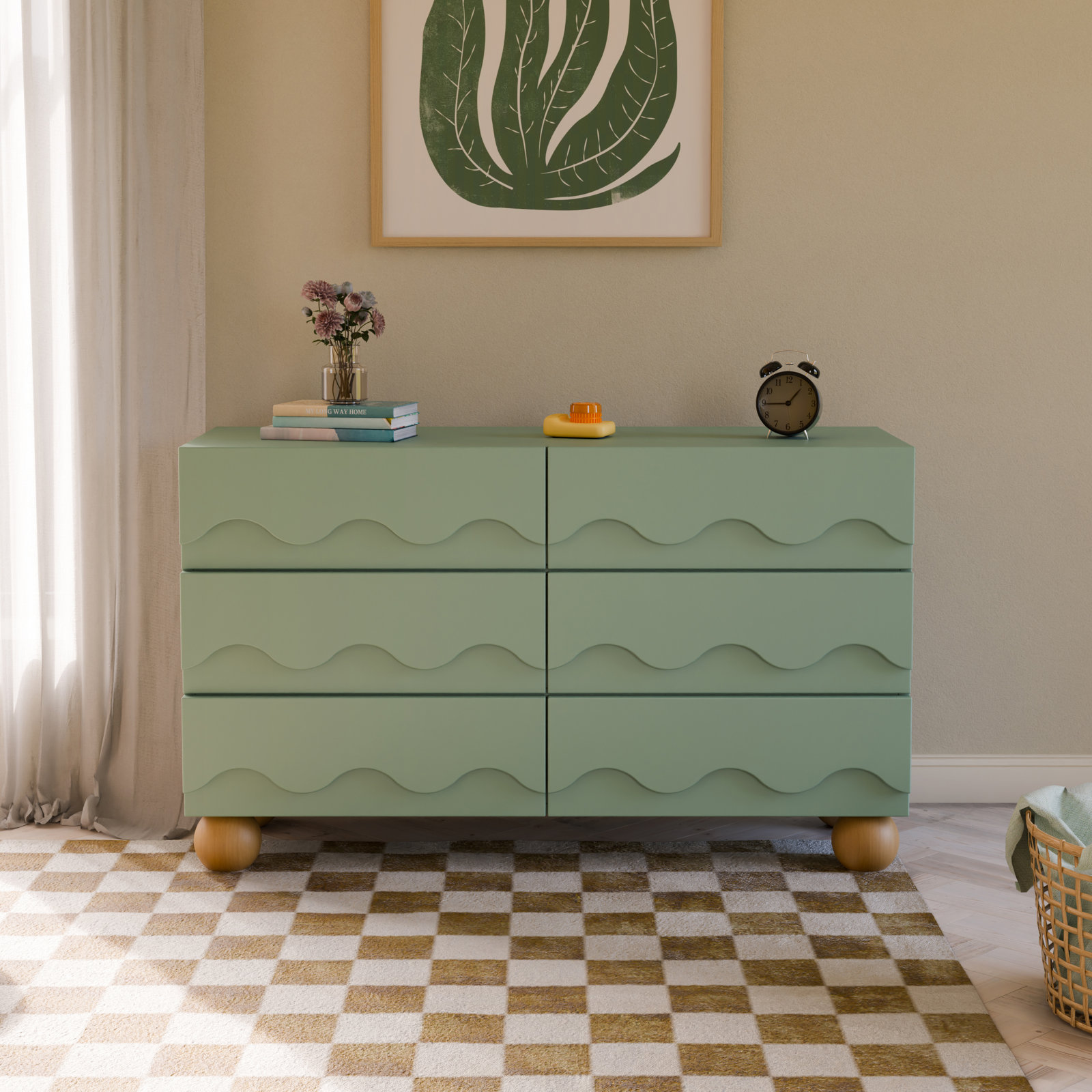 Lido Wave 6-Drawer Wide Dresser, Light Sage/Honey