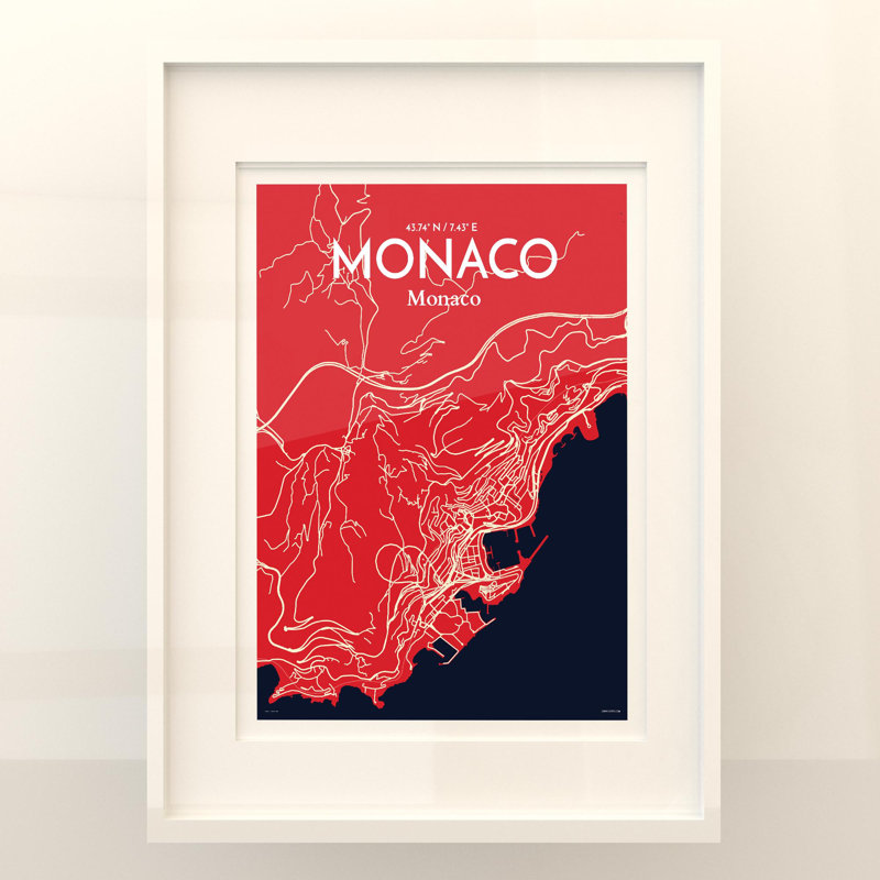 Monaco City Map, impression, Rouge / Bleu marine, H 24 po x l 18 po