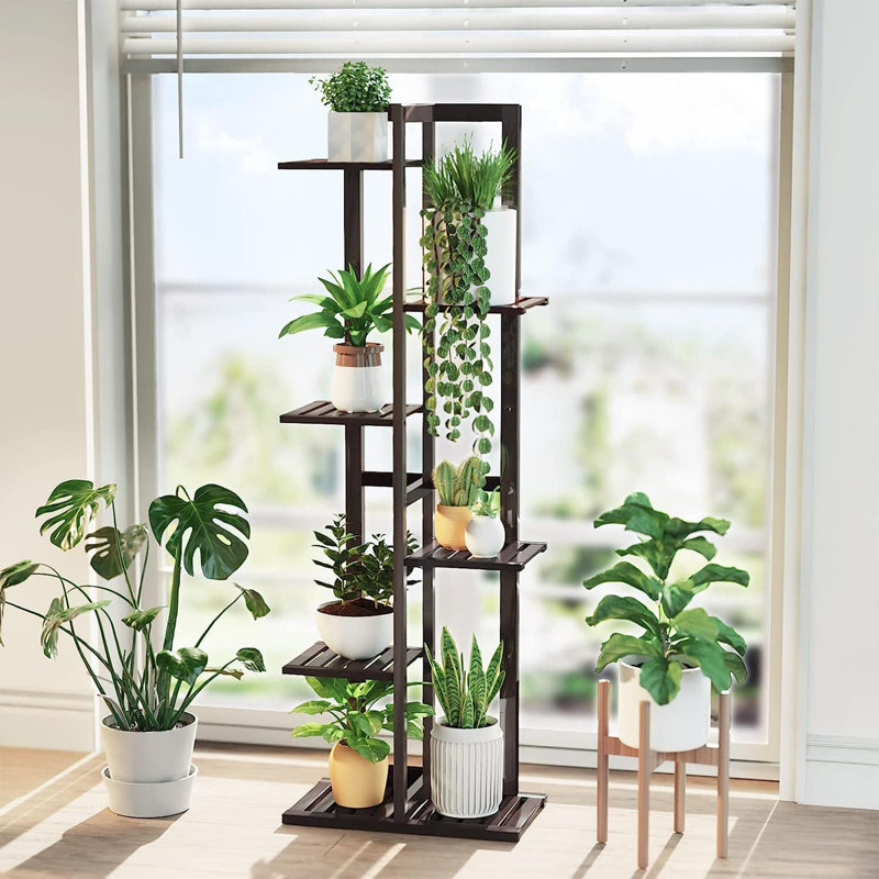 Support pour plante en pot à 6 niveaux et 7 niveaux en bambou, H 46 po x L 17,32 po x P 8,60 po, Espresso