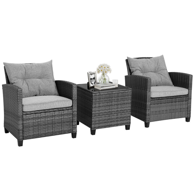 Patiojoy Wicker 2 - Person Patio Conversation Set with Cushions, Gray