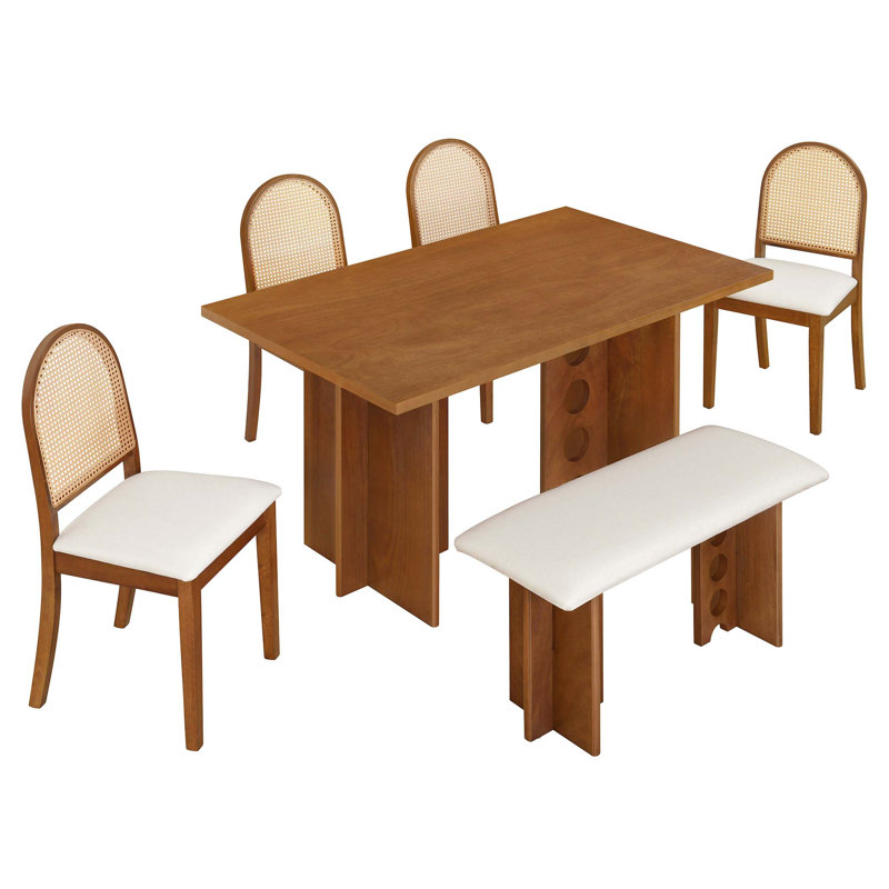 Ensemble de table de salle à manger moderne 6 pièces avec 4 chaises et banc rembourrés, Noyer, Noyer