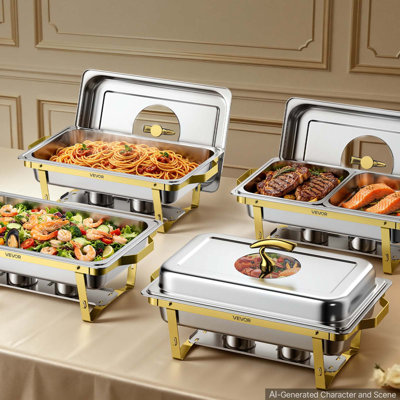 Ensemble de 4 plats de chafing pour buffet, chafing dish en acier inoxydable de 9 pintes (8,6 L), 2 grands bacs et 4 demi-bacs, chauffe-plats rectangulaires, couvercle en verre, porte-combustible, pince, dessous de plat en verre