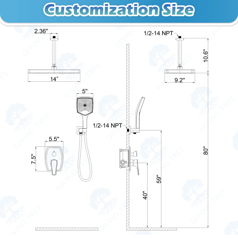 Shower Systems with 14"Rain Shower and High Pressure Handheld Spray, Celling Mount, Rough in-Valve, Chrome