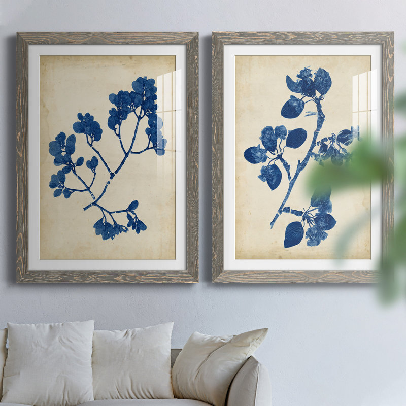 Indigo Leaf Study II, H 43,5 po x l 31,5 po x P 1 po, Cadre en papier gris, Blanc