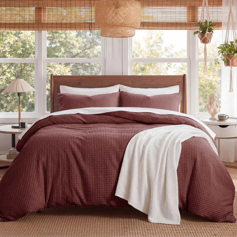 Ensemble de housse de couette à tissage gaufré 100% coton Essential Collection, Brun garance