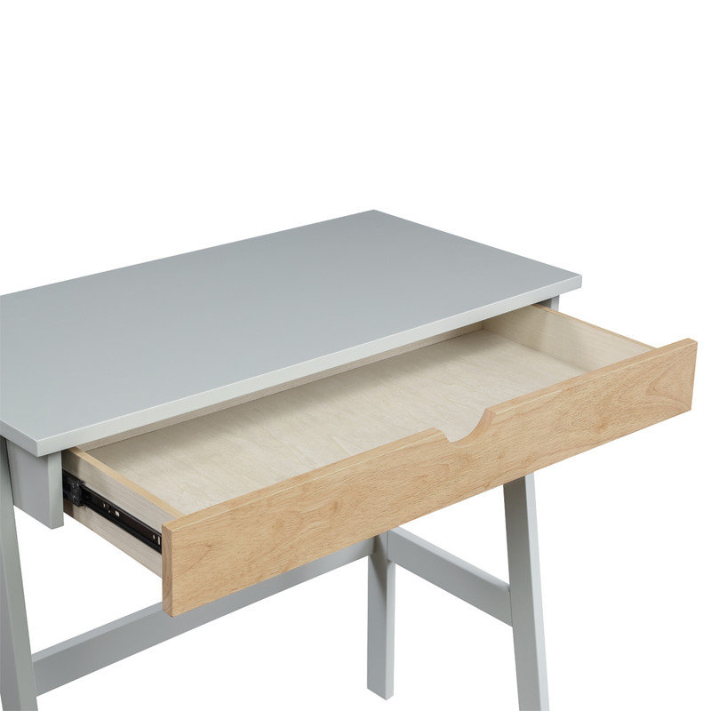 Modern Minimalism Hilton Desk, Sturdy and Durable, Solid Wood with Drawers, Trapezoidal Legs, Gray