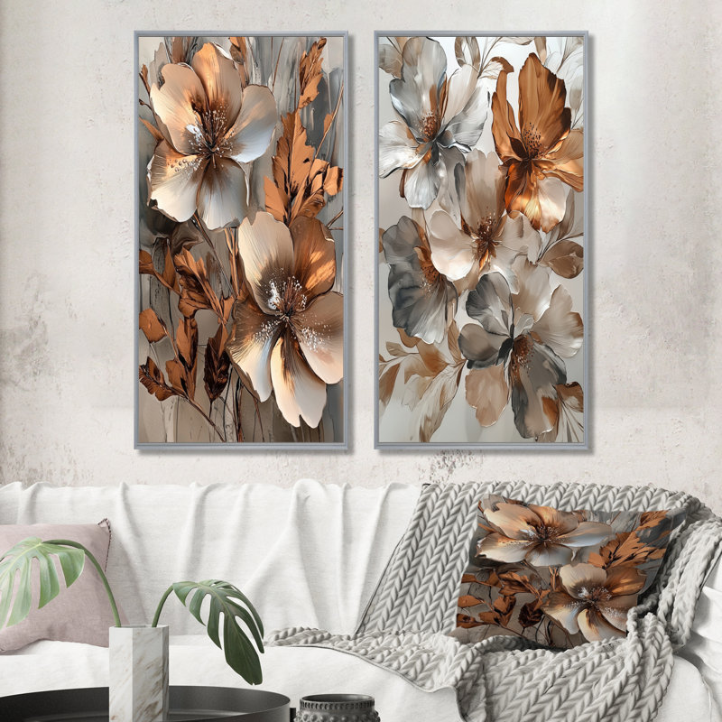 Cuivre métallique et chrome fleurs abstraites I - Collection de 2 toiles abstraites sur toile, H 28 po x l 25 po