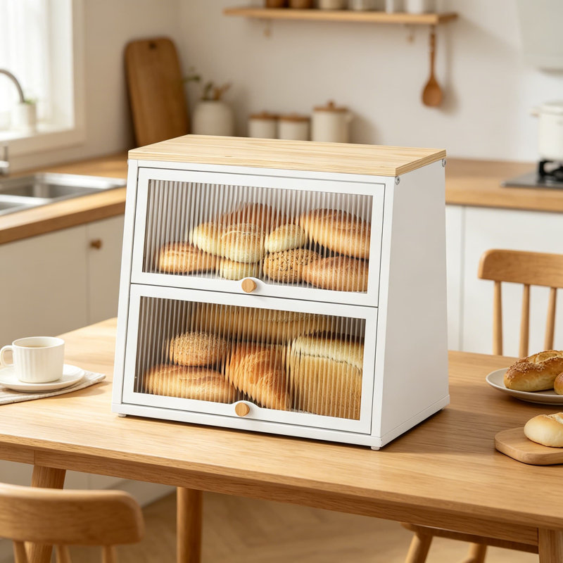 Boîte à pain pour comptoir de cuisine, contenant de rangement à pain en métal à 2 niveaux avec porte ondulée en acrylique, plateau en bambou, joint magnétique, base antidérapante