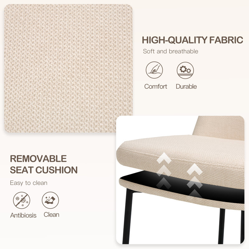 Reversible Cushion Dining Chair W/ Ergonomic Back & 136KG Capacity, Iron Frame, Beige