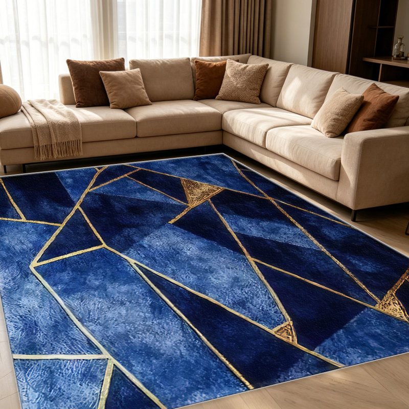 Blue Gold Geometric carpet-easy to clean, machine-washable, soft and comfortable; suitable for door mats, kitchens, living rooms, bedrooms, corridors, and laundry areas. Easy to clean, durable carpet for home decoration.