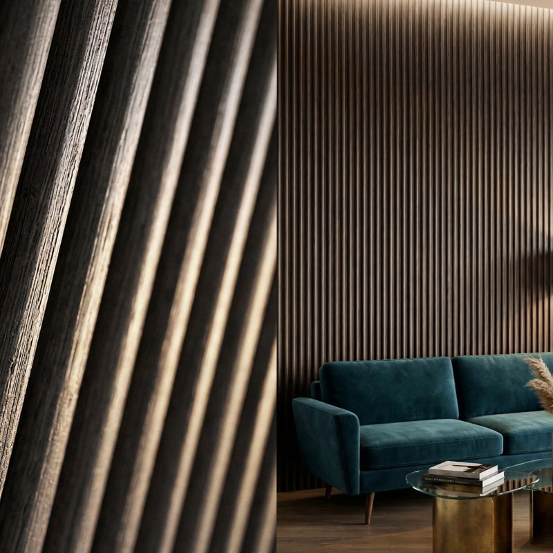 Modern Wood Slat Wall Panels 106"x5" (Set of 4) – Decorative Interior & Ceiling Paneling, 14.5 sq. ft. Coverage, Stylish Accent Wall Design
