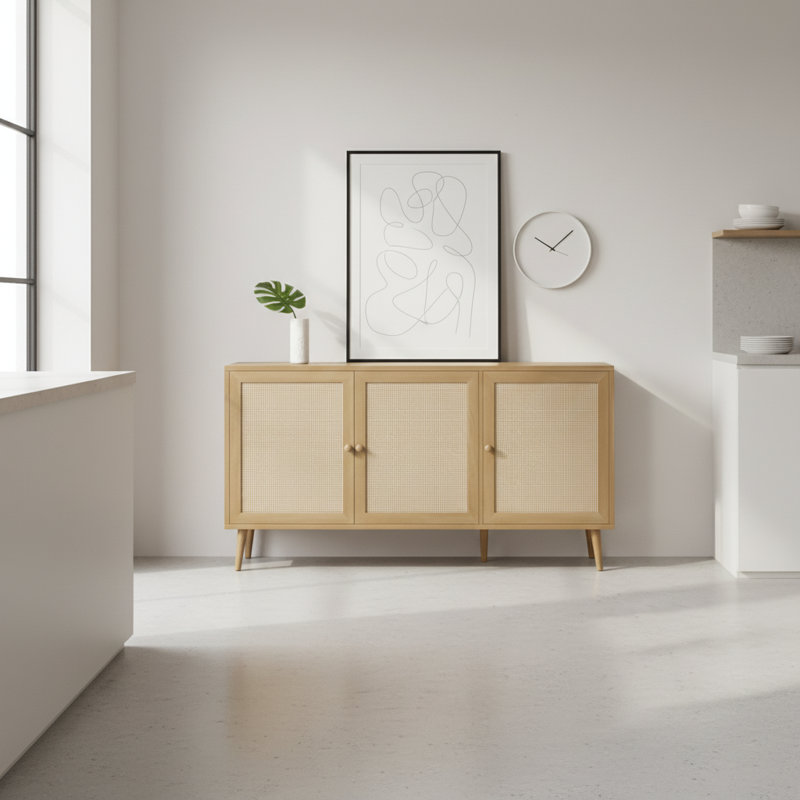 Buffet moderne avec 3 portes en rotin, console de rangement pour le vestibule ou le salon